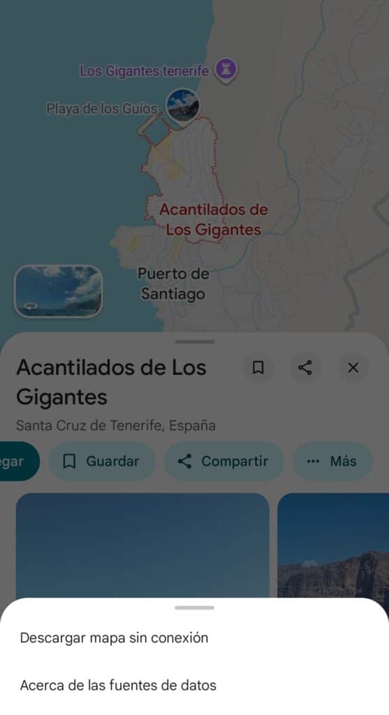 Captura de pantalla de la aplicación "Google Maps", donde destaca la función "Descargar mapa sin conexión".