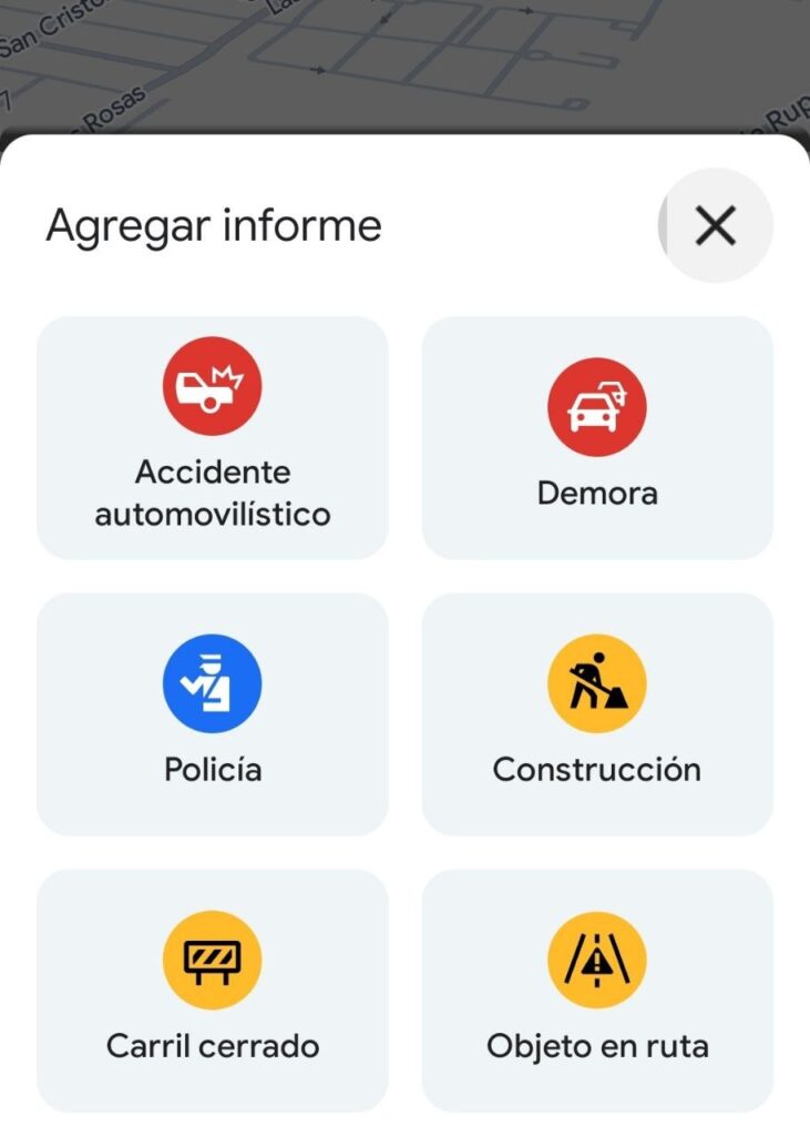 En esta imagen vemos una captura de los "informes" que es posible agregar en ruta, a través de Waze.